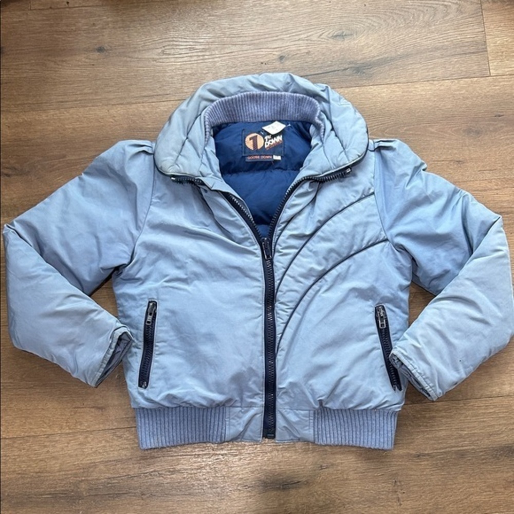 1st Down Vintage Goose Down Blue Bomber Jacket with Ribbed Hem ! Size 12